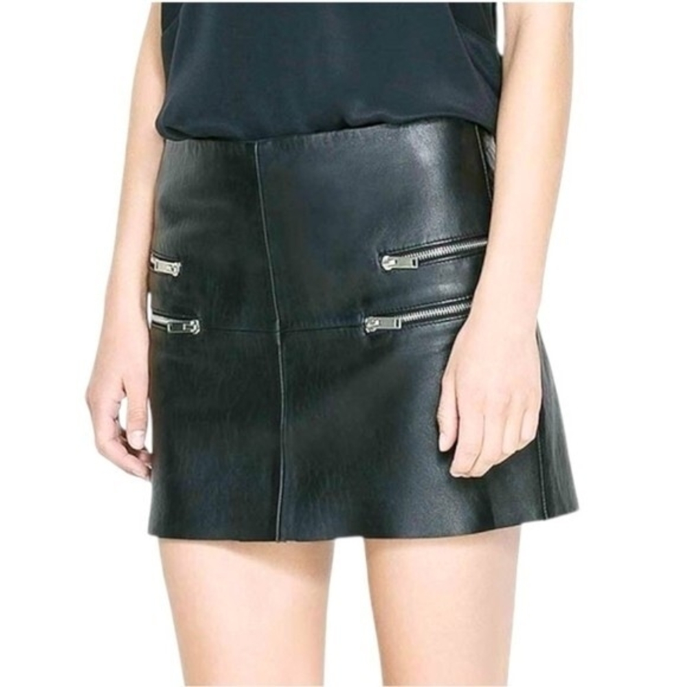 Zara Women's Black Lambskin Mini Skirt XS Silver Zip Pockets Leather EXC